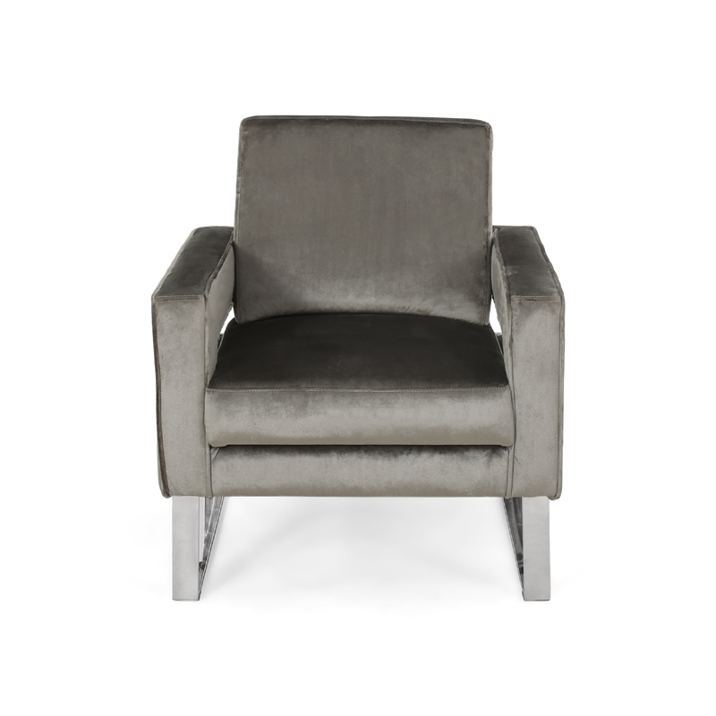 Benjara Club Armchair- Cutout Armrests- Chrome Steel and Modern Gray Velvet