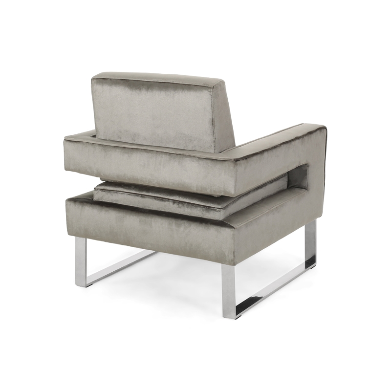 Benjara Club Armchair- Cutout Armrests- Chrome Steel and Modern Gray Velvet