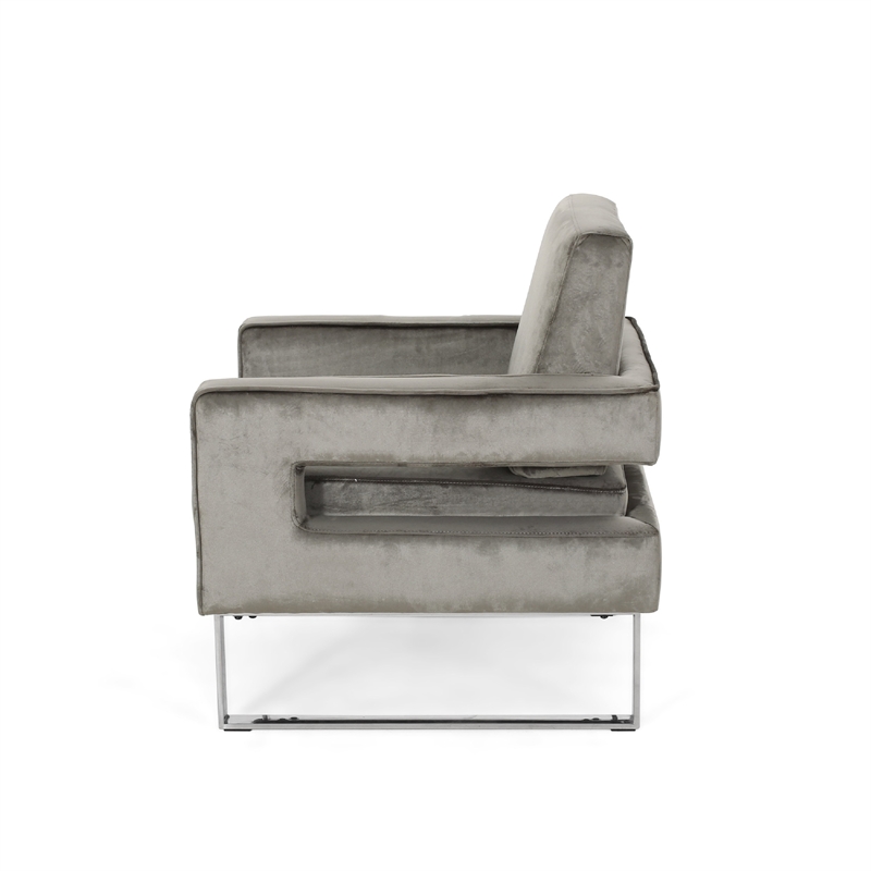 Benjara Club Armchair- Cutout Armrests- Chrome Steel and Modern Gray Velvet