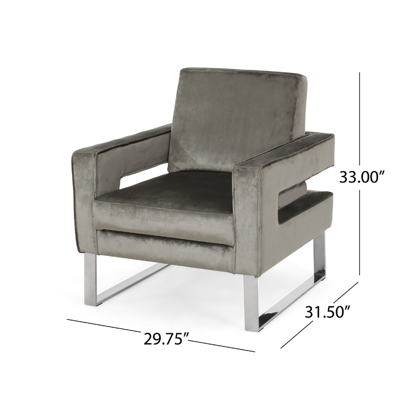 Benjara Club Armchair- Cutout Armrests- Chrome Steel and Modern Gray Velvet