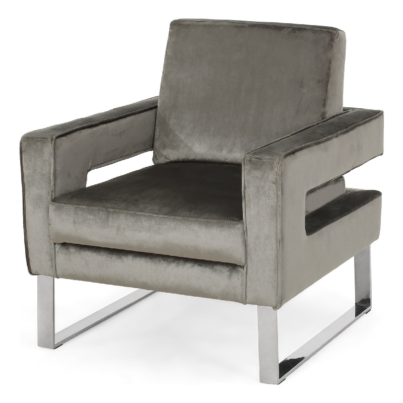 Benjara Club Armchair- Cutout Armrests- Chrome Steel and Modern Gray Velvet