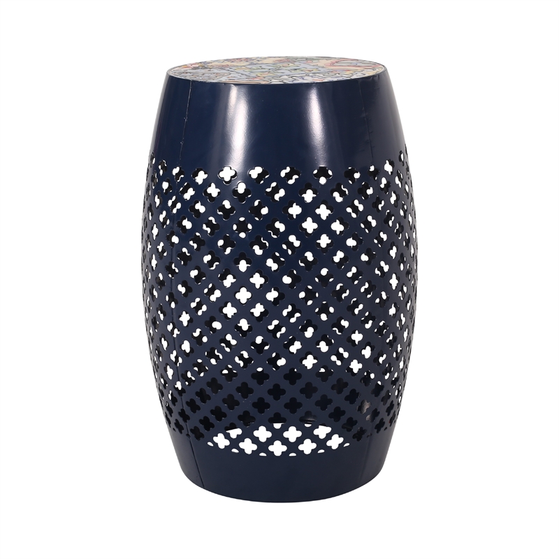 Benjara Rosie Outdoor Side Table- Dark Blue Iron- Lace Cut Drum Shape- 12 Inch