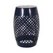 Benjara Rosie Outdoor Side Table- Dark Blue Iron- Lace Cut Drum Shape- 12 Inch