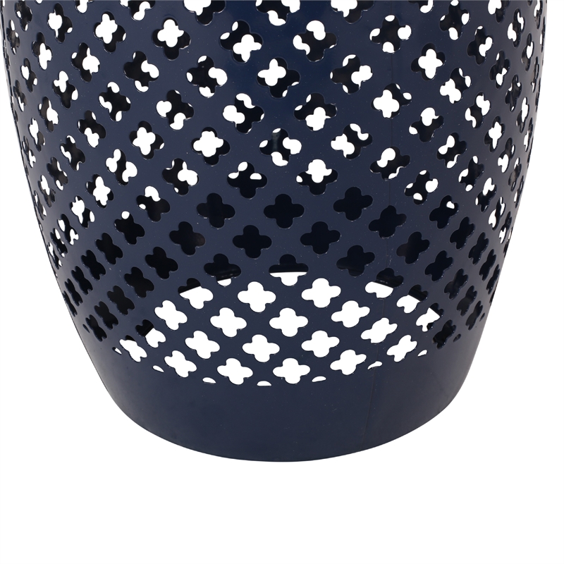 Benjara Rosie Outdoor Side Table- Dark Blue Iron- Lace Cut Drum Shape- 12 Inch