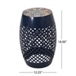 Benjara Rosie Outdoor Side Table- Dark Blue Iron- Lace Cut Drum Shape- 12 Inch