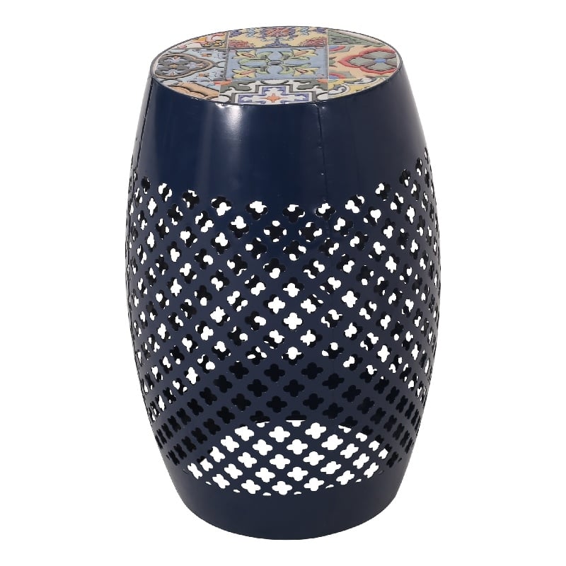 Benjara Rosie Outdoor Side Table- Dark Blue Iron- Lace Cut Drum Shape- 12 Inch