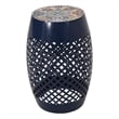 Benjara Rosie Outdoor Side Table- Dark Blue Iron- Lace Cut Drum Shape- 12 Inch