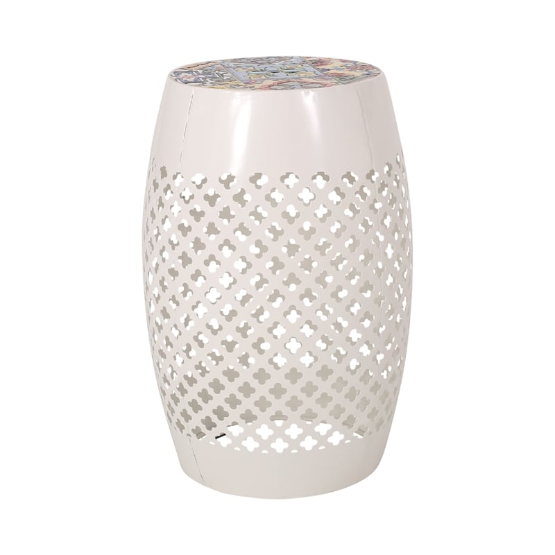 Benjara Rosie Outdoor Side Table- White Iron- Lace Cut Drum Structure- 12 Inch