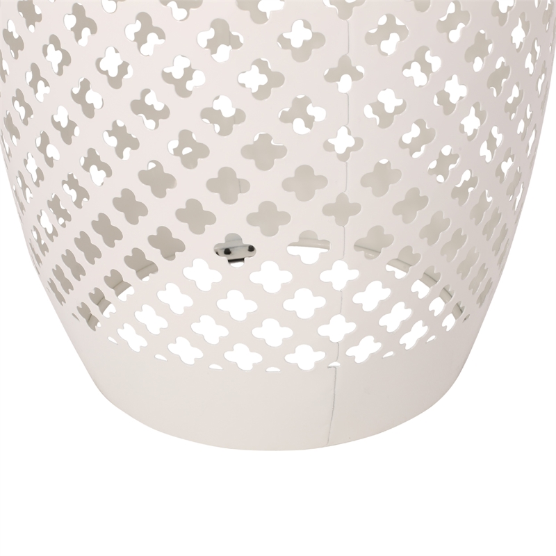 Benjara Rosie Outdoor Side Table- White Iron- Lace Cut Drum Structure- 12 Inch