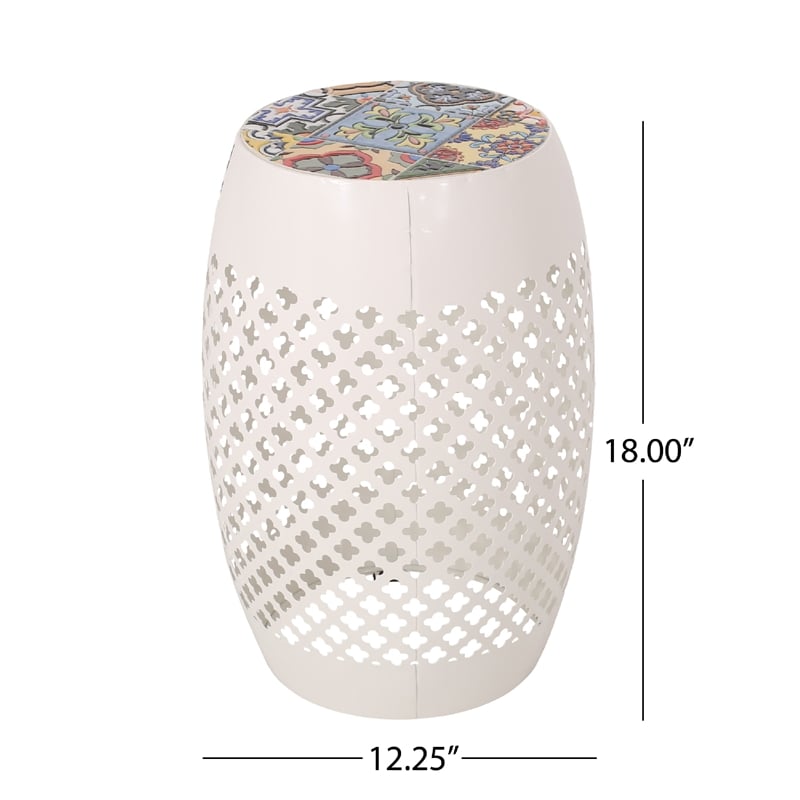Benjara Rosie Outdoor Side Table- White Iron- Lace Cut Drum Structure- 12 Inch