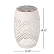 Benjara Rosie Outdoor Side Table- White Iron- Lace Cut Drum Structure- 12 Inch