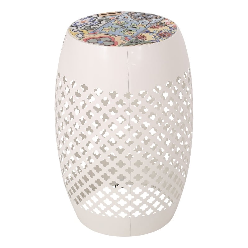 Benjara Rosie Outdoor Side Table- White Iron- Lace Cut Drum Structure- 12 Inch