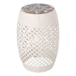 Benjara Rosie Outdoor Side Table- White Iron- Lace Cut Drum Structure- 12 Inch