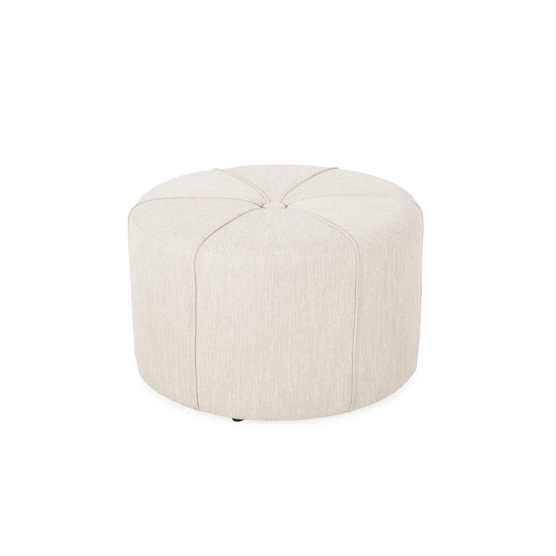 Benjara Ottoman- Button Tufted Beige Fabric- Plush Round Shape 28 Inch