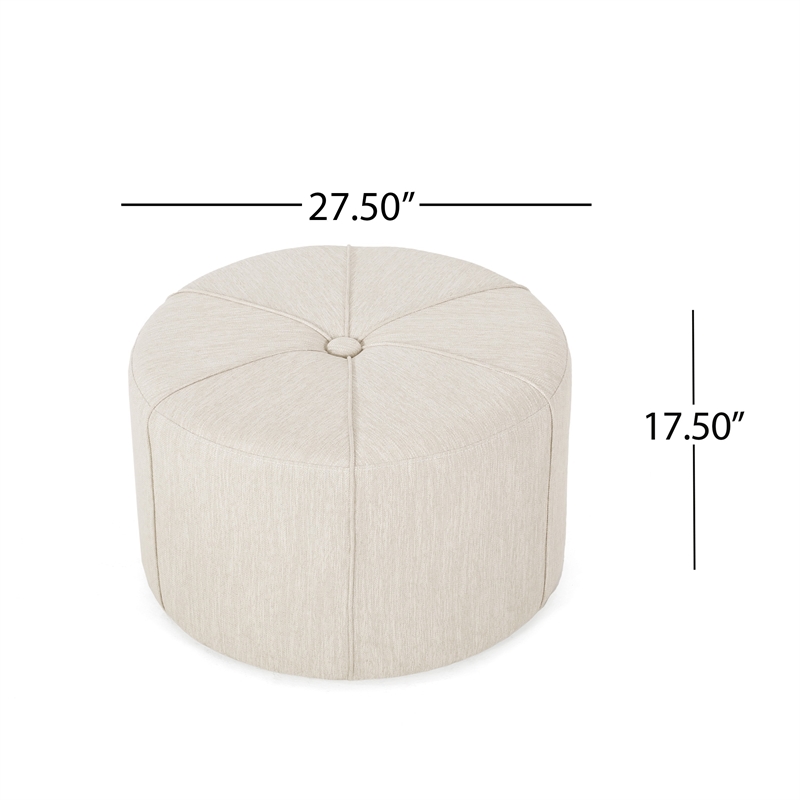 Benjara Ottoman- Button Tufted Beige Fabric- Plush Round Shape 28 Inch