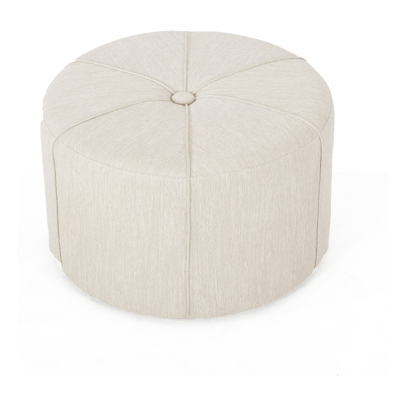 Benjara Ottoman- Button Tufted Beige Fabric- Plush Round Shape 28 Inch
