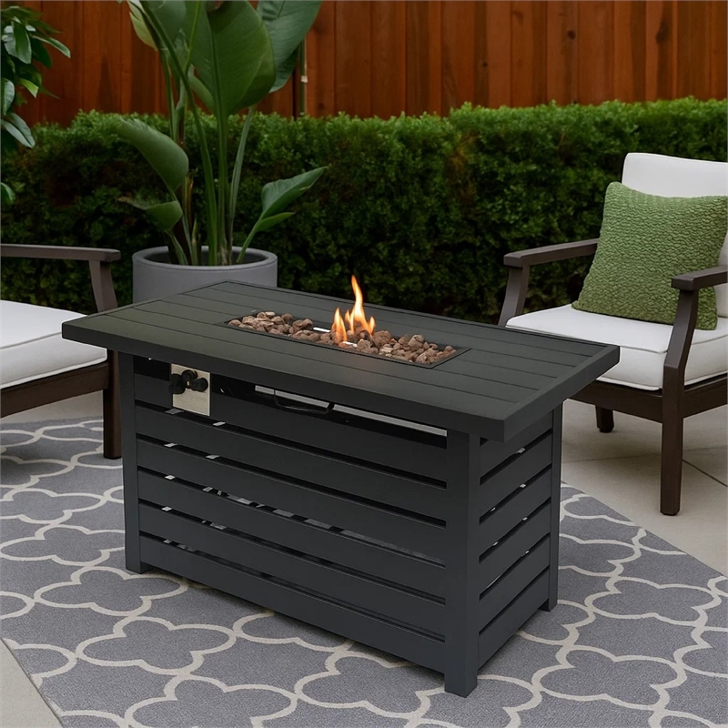 Benjara Outdoor Fire Pit- Black Iron- Inner Propane Gas Tank Storage- 47 Inch