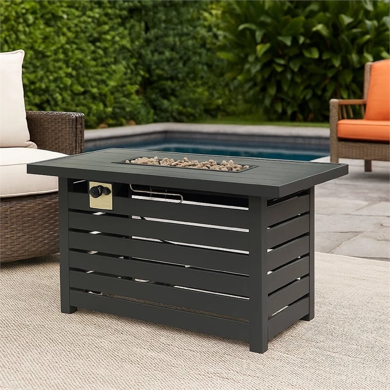 Benjara Outdoor Fire Pit- Black Iron- Inner Propane Gas Tank Storage- 47 Inch