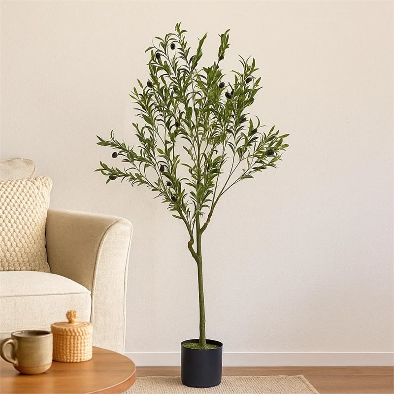 Benjara Vina Artificial Olive Tree- Realistic Green Silk Leaves- 47 Inch