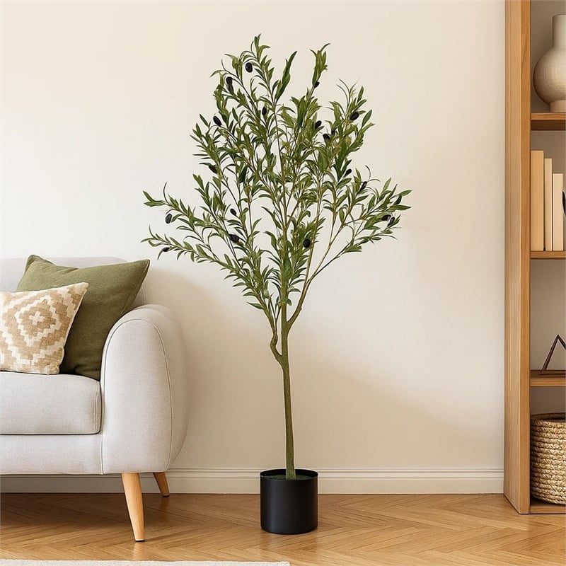 Benjara Vina Artificial Olive Tree- Realistic Green Silk Leaves- 47 Inch