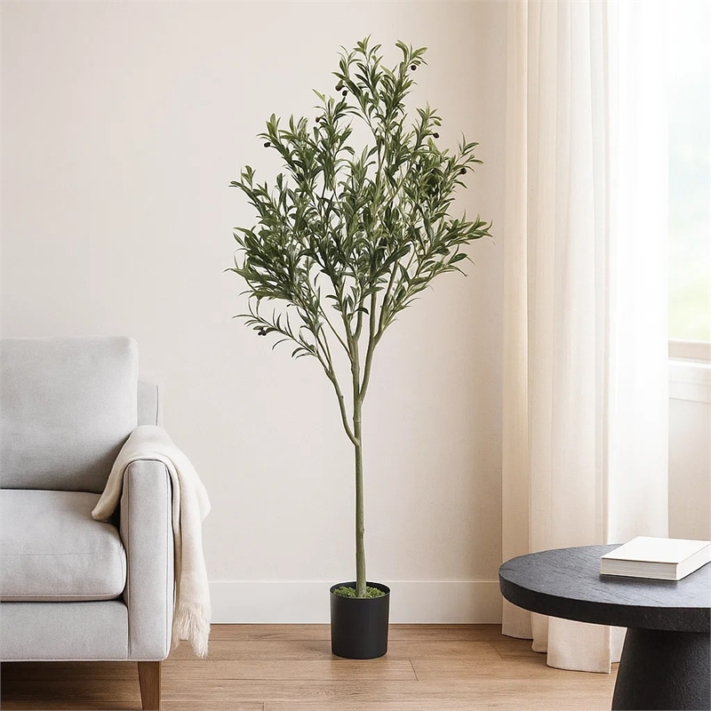 Benjara Vina Artificial Olive Tree- Realistic Green Silk Leaves- 71 Inch