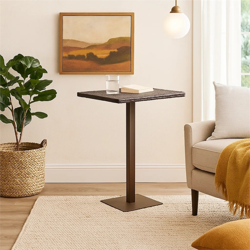 Benjara Outdoor Square Bar Table- Brown Multi Rattan- Metal Frame
