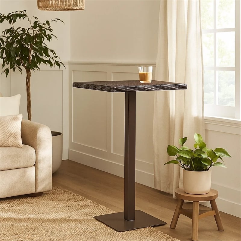 Benjara Outdoor Square Bar Table- Brown Multi Rattan- Metal Frame