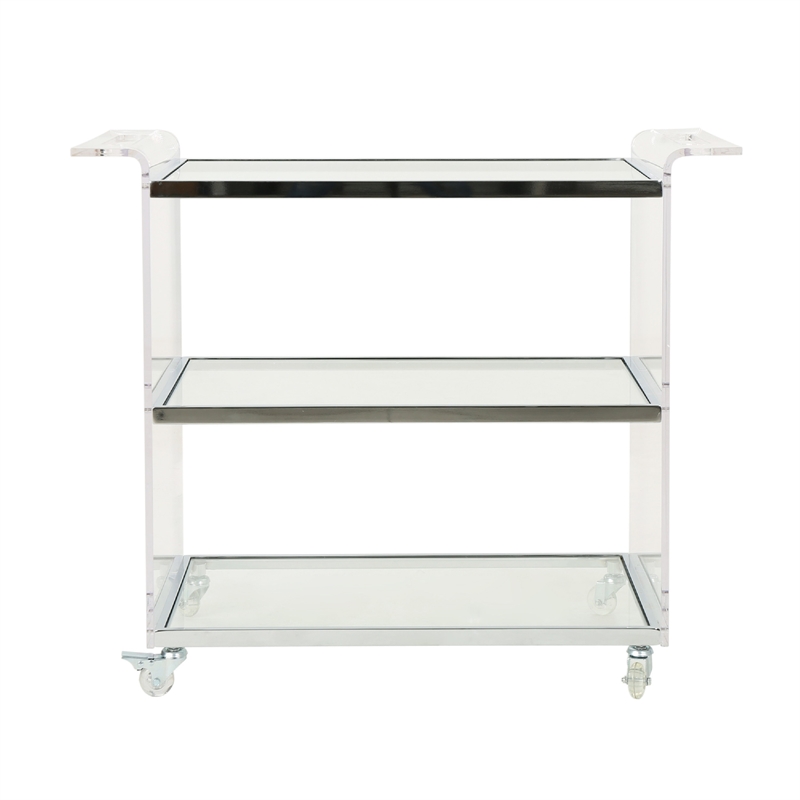 Benjara Manya Rolling Bar Cart- 2 Tempered Glass Shelves- Clear Acrylic- White