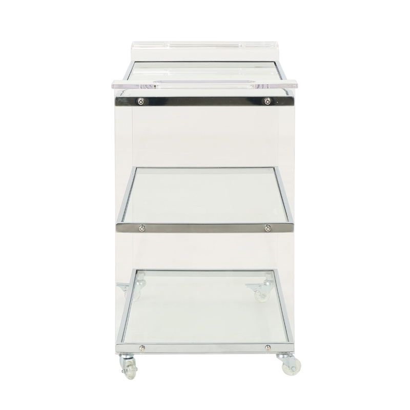 Benjara Manya Rolling Bar Cart- 2 Tempered Glass Shelves- Clear Acrylic- White
