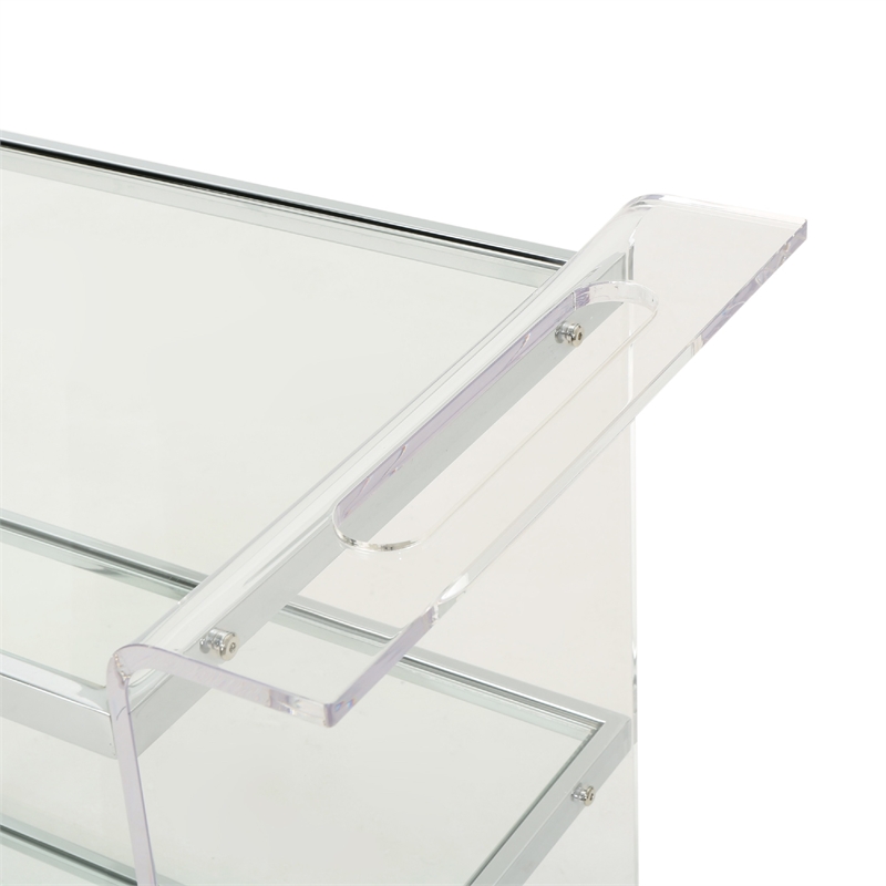 Benjara Manya Rolling Bar Cart- 2 Tempered Glass Shelves- Clear Acrylic- White