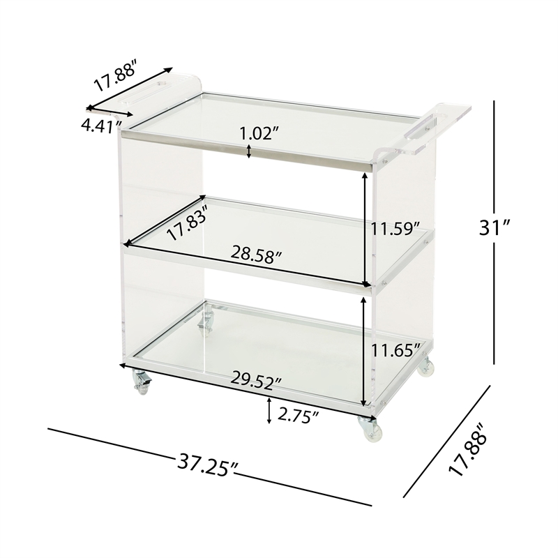 Benjara Manya Rolling Bar Cart- 2 Tempered Glass Shelves- Clear Acrylic- White