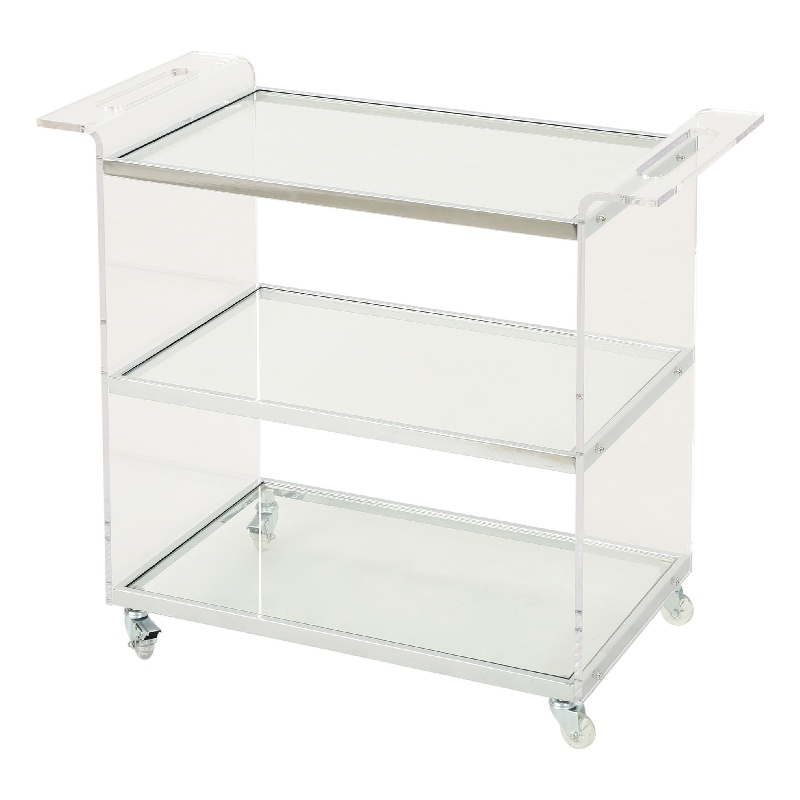 Benjara Manya Rolling Bar Cart- 2 Tempered Glass Shelves- Clear Acrylic- White