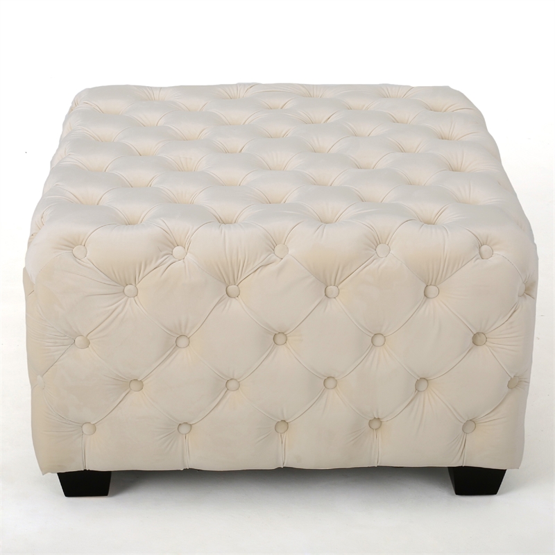 Benjara Lavie Ottoman- Tapered Legs- Ivory Diamond Stitch Velvet- 29 Inch