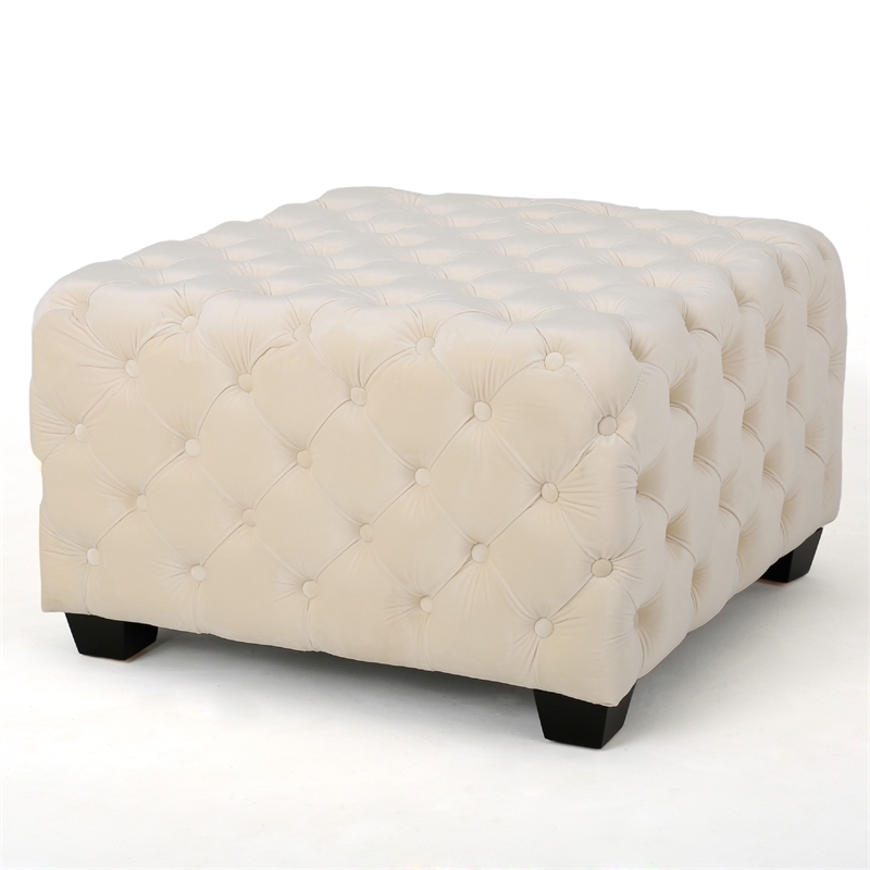 Benjara Lavie Ottoman- Tapered Legs- Ivory Diamond Stitch Velvet- 29 Inch