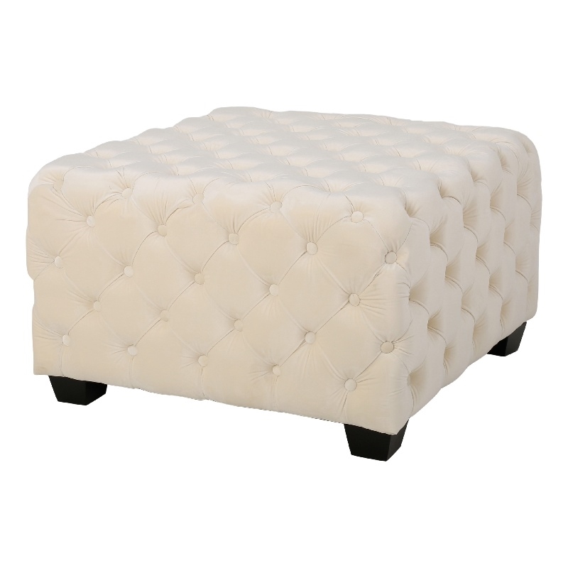 Benjara Lavie Ottoman- Tapered Legs- Ivory Diamond Stitch Velvet- 29 Inch
