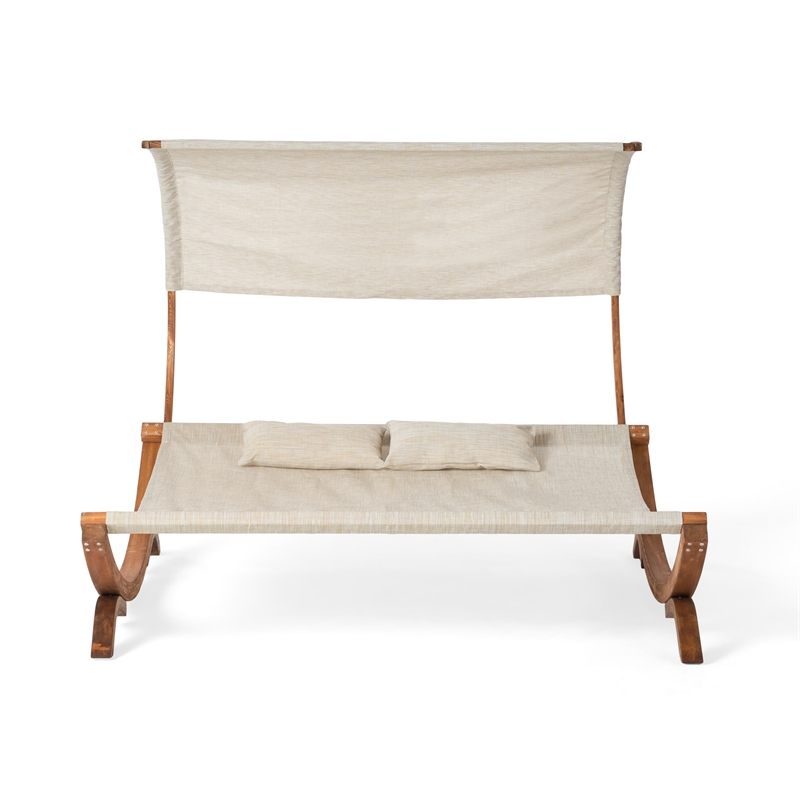 Benjara Akki Modern Sunbed with Removable Canopy- Teak Wood and Beige Fabric
