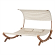 Benjara Akki Modern Sunbed with Removable Canopy- Teak Wood and Beige Fabric