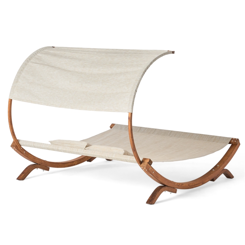 Benjara Akki Modern Sunbed with Removable Canopy- Teak Wood and Beige Fabric