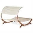 Benjara Akki Modern Sunbed with Removable Canopy- Teak Wood and Beige Fabric