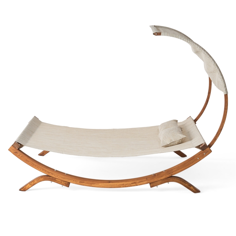 Benjara Akki Modern Sunbed with Removable Canopy- Teak Wood and Beige Fabric