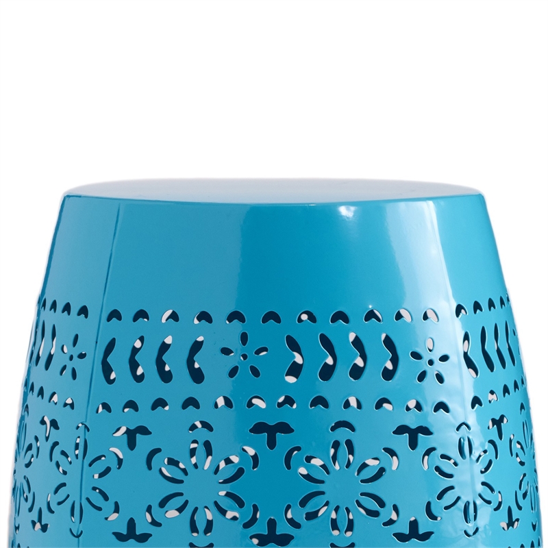 Benjara Glena Garden Stool Side Table- Blue Powder Coated Iron- Cutout 12 Inch