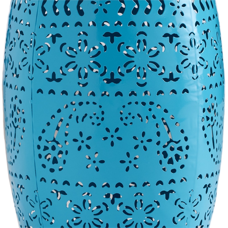 Benjara Glena Garden Stool Side Table- Blue Powder Coated Iron- Cutout 12 Inch