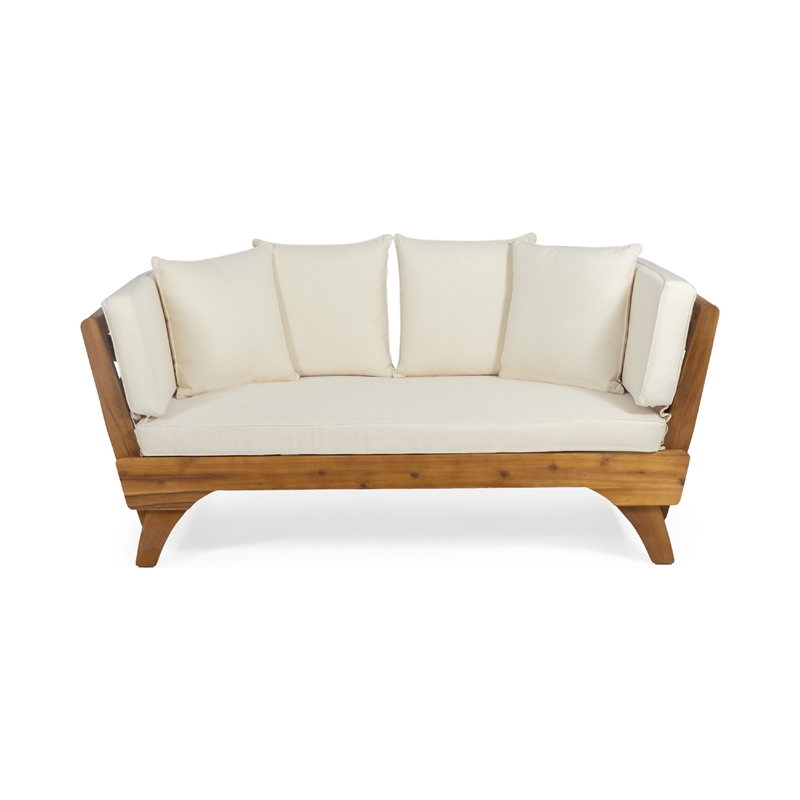 Benjara Flex Outdoor Daybed- Brown Wood- 65 Inch- Ivory Polyester Cushions