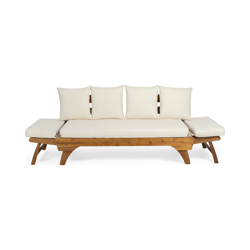 Benjara Flex Outdoor Daybed- Brown Wood- 65 Inch- Ivory Polyester Cushions