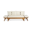 Benjara Flex Outdoor Daybed- Brown Wood- 65 Inch- Ivory Polyester Cushions