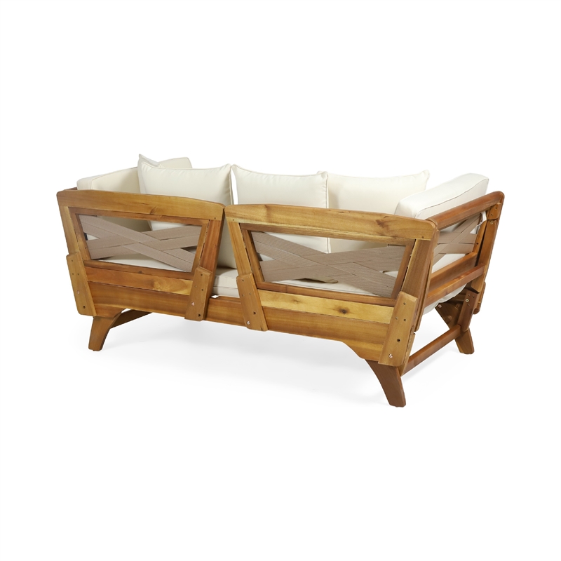 Benjara Flex Outdoor Daybed- Brown Wood- 65 Inch- Ivory Polyester Cushions