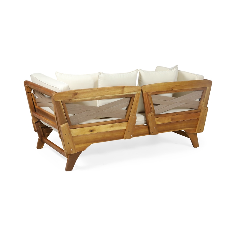Benjara Flex Outdoor Daybed- Brown Wood- 65 Inch- Ivory Polyester Cushions