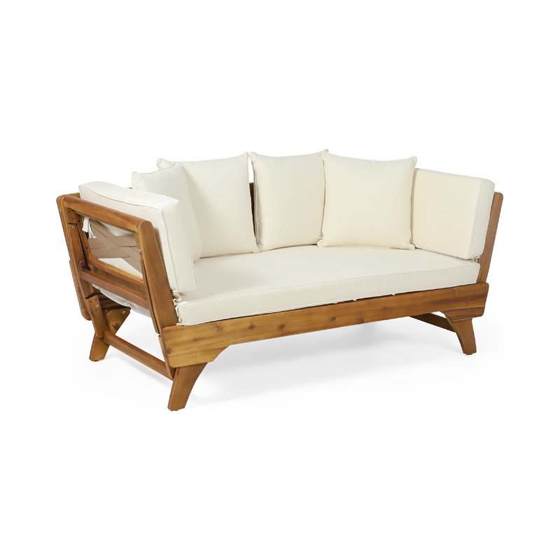 Benjara Flex Outdoor Daybed- Brown Wood- 65 Inch- Ivory Polyester Cushions