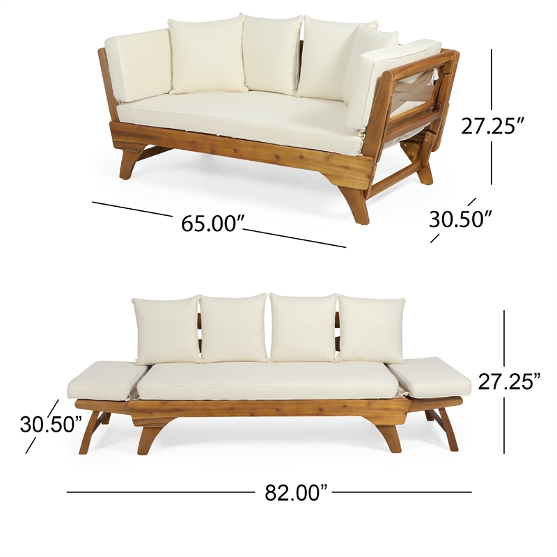Benjara Flex Outdoor Daybed- Brown Wood- 65 Inch- Ivory Polyester Cushions