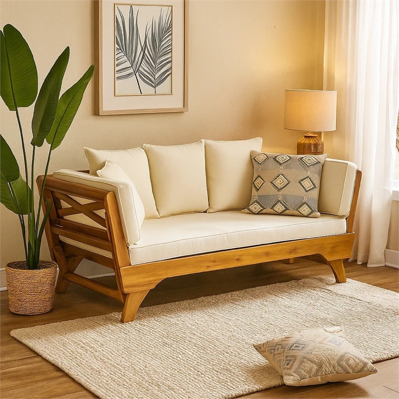 Benjara Flex Outdoor Daybed- Brown Wood- 65 Inch- Ivory Polyester Cushions